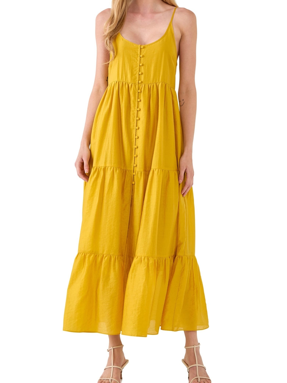 Endless Rose Mustard Tiered Button-Front Maxi Dress Size S